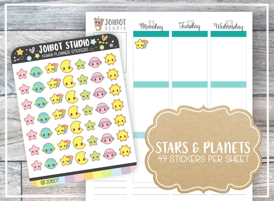 STARS & PLANETS - Kawaii Planner Stickers - Galaxy Stickers - Journal Stickers - Cute Stickers - Decorative Stickers - K0022