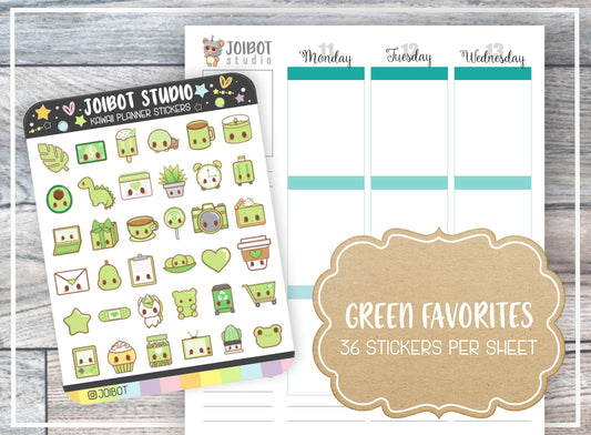 GREEN FAVORITES - Kawaii Planner Stickers - Variety Stickers - Journal Stickers - Cute Stickers - A0004
