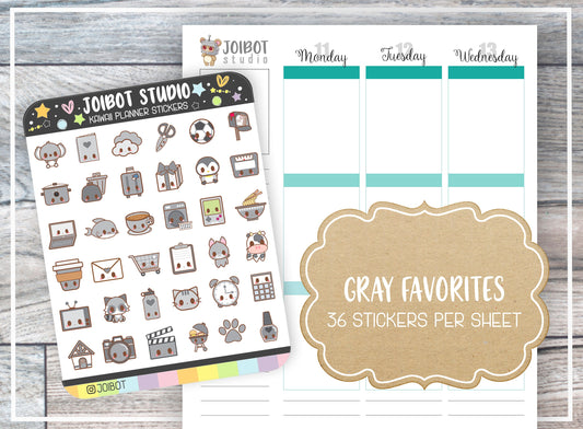 GRAY FAVORITES - Kawaii Planner Stickers - Variety Stickers - Journal Stickers - Cute Stickers - A0007